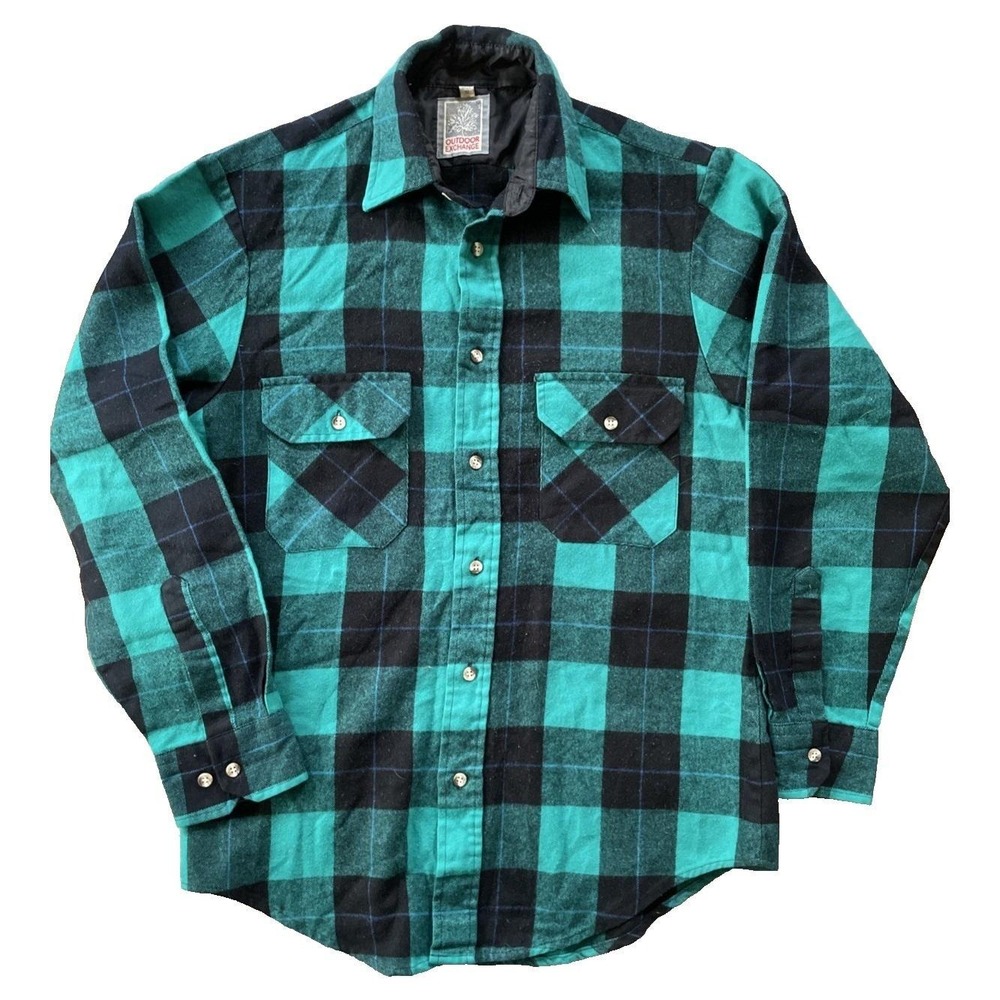 Outdoor Exchange Mens Small Flannel Shirt Teal Green Black Buffalo Plaid 90s